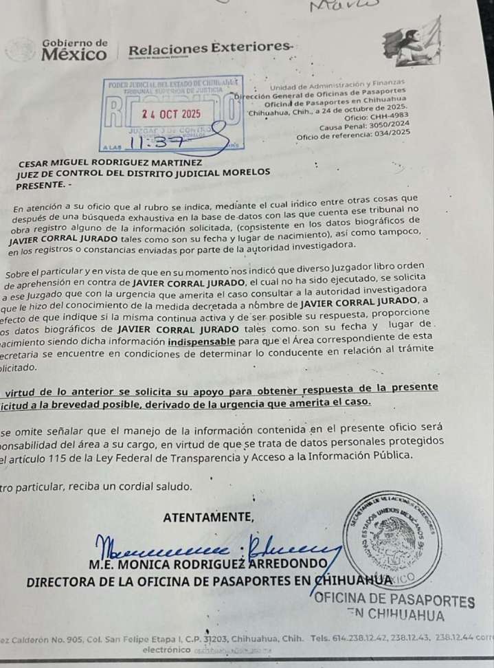 Relaciones Exteriores solicita apoyo judicial para ubicar lugar de nacimiento de Javier Corral