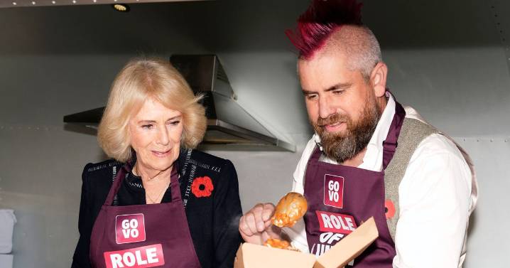 Moment Queen Camilla joins Tamworth TikTok star Spudman to serve jacket potatoes