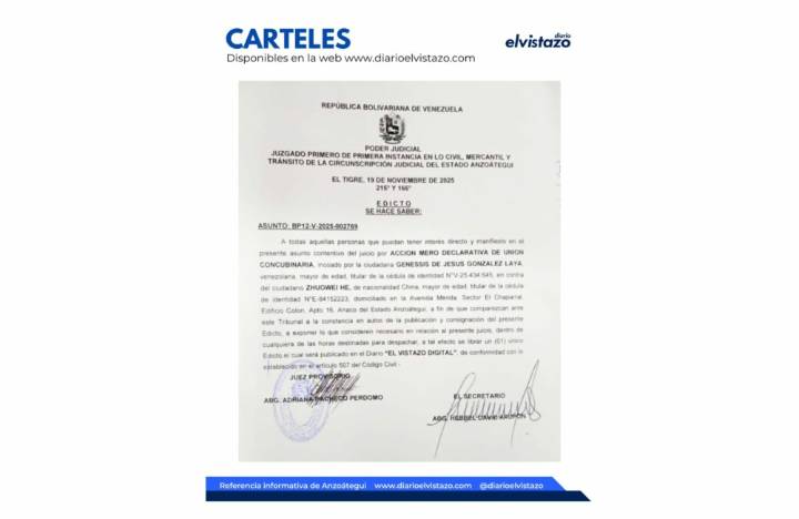 Edicto del Juzgado Primero en lo Civil, Mercantil y Tránsito de El Tigre, en atención a Génesis de Jesús González Laya y Zhuowei He