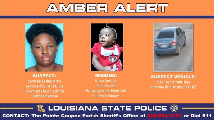 3-month-old girl reportedly taken by woman in Pointe Coupee Parish, state police say