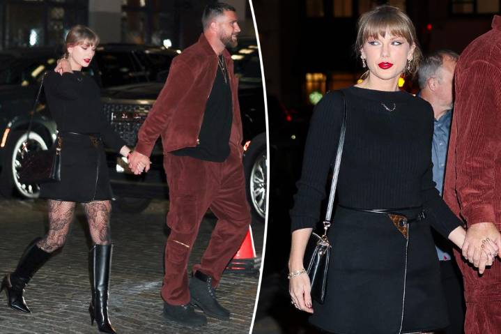Taylor Swift wears head-to-toe Louis Vuitton outfit with lacy Fleur du Mal tights for NYC date night with Travis Kelce