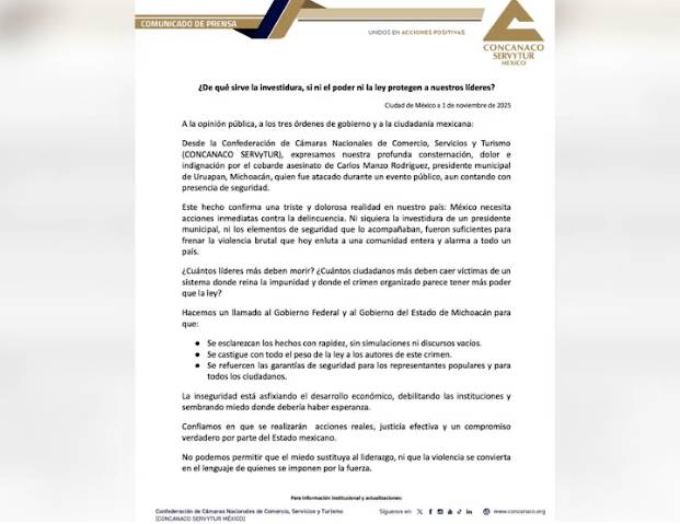 “México necesita un gobierno valiente”: CONCANACO tras asesinato de Carlos Manzo, alcalde de Uruapan