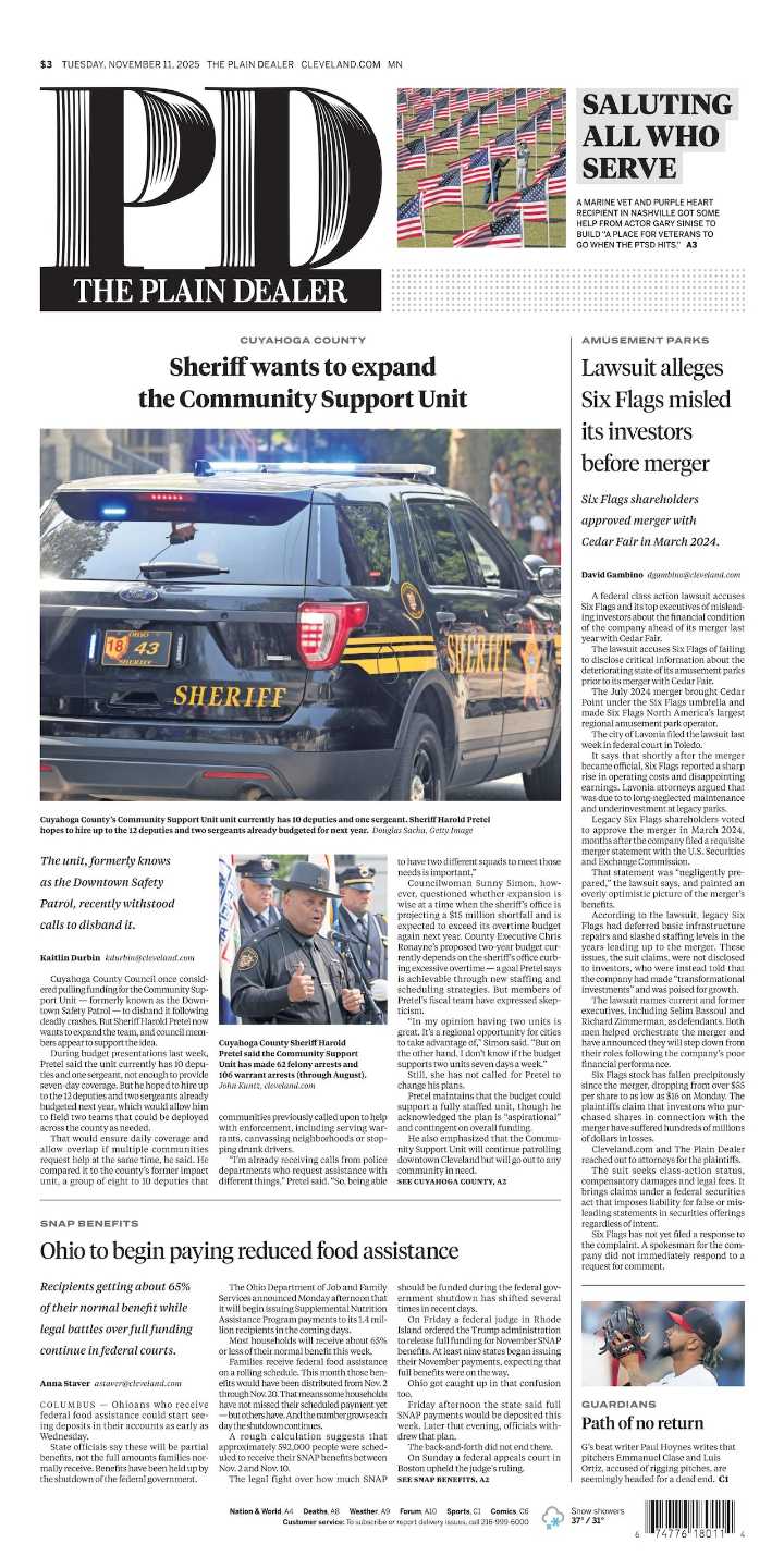 The Plain Dealer’s front page for November 11, 2025