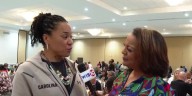 Talking with Dawn Staley at Grandparents’ breakfast