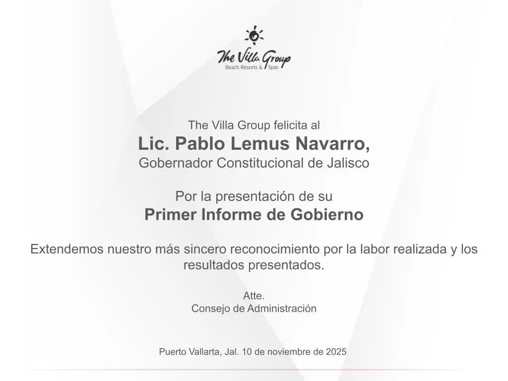 The Villa Group felicita a Pablo Lemus por su primer informe de gobierno