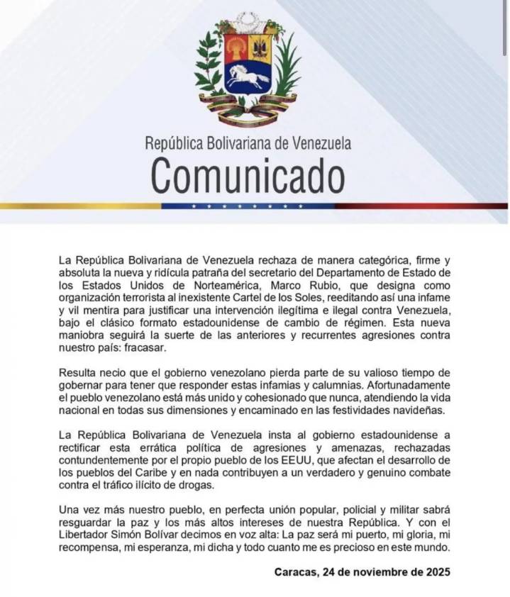 Gobierno Venezolano Califica de «Ridícula Patraña» la Designación del Cartel de los Soles como Terrorista