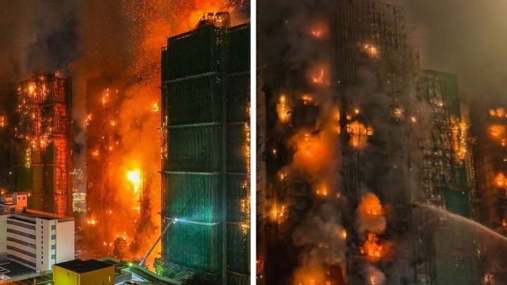 MOMENTO EXACTO en el que incendio 'devora' edificios en Hong Kong; hay 13 muertos