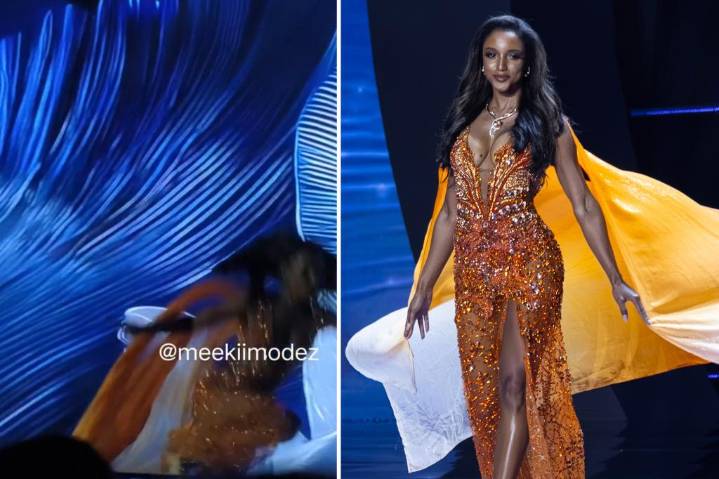 Miss Jamaica tumbles off stage and is carried away on stretcher during Miss Universe pageant