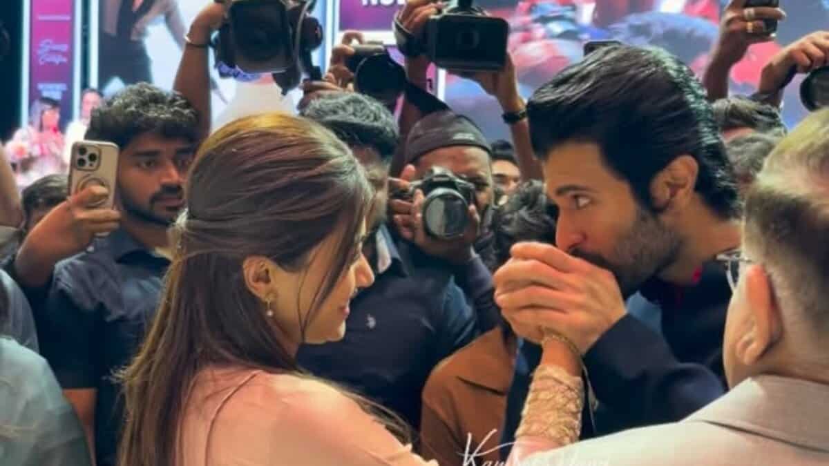 Watch: Vijay Deverakonda makes it official, kisses Rashmika infront of media