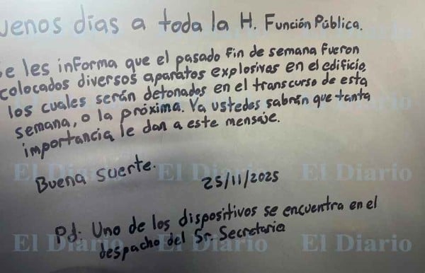 Uno de los explosivos se encuentra en el despacho del señor secretario, dice amenaza hallada en la Función Pública