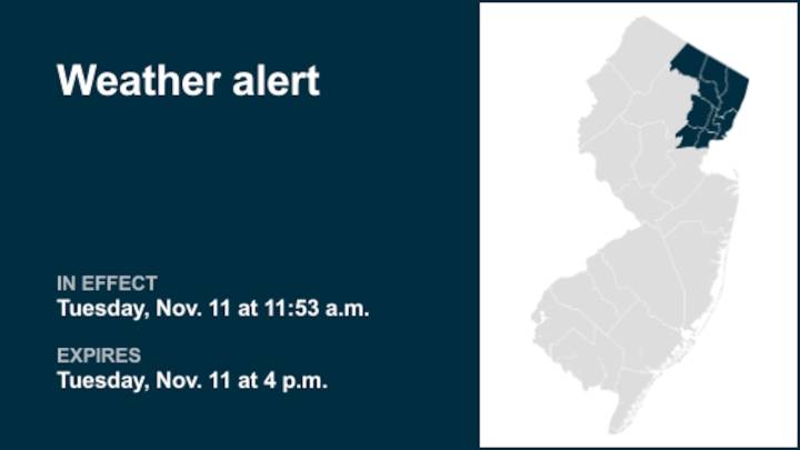 Weather alert in place for 5 N.J. counties until early Tuesday evening