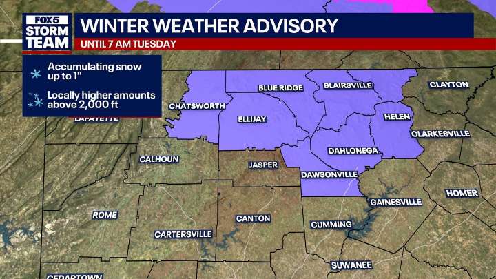 Snow expected in North Georgia; Winter Weather Advisory until 7a.m. Tuesday