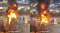 Árbol de Navidad gigante se incendia al interior de un centro comercial