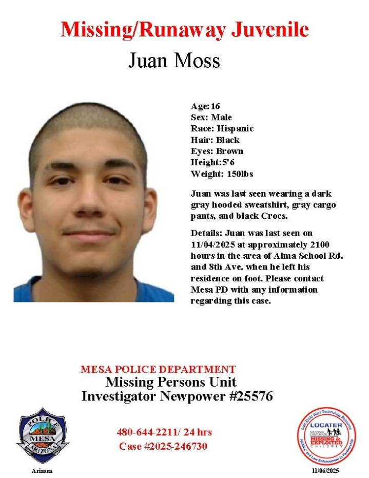 Juan Moss, 16, missing from Mesa, police say