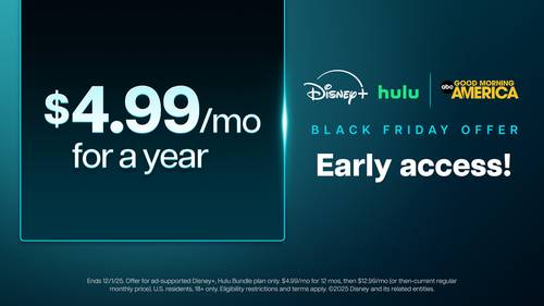 Disney+, Hulu Bundle Black Friday deal 2025: $4.99 per month for 1 year
