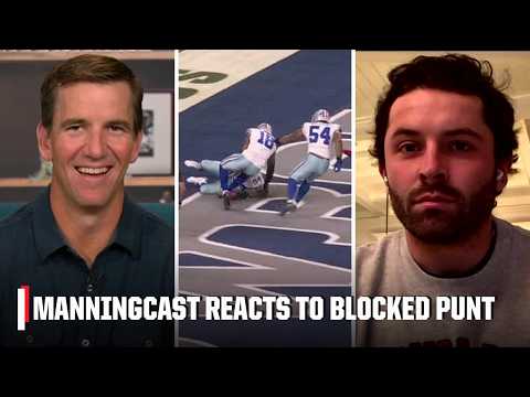 Eli, Peyton Manning & Baker Mayfield react to Cowboys' blocked