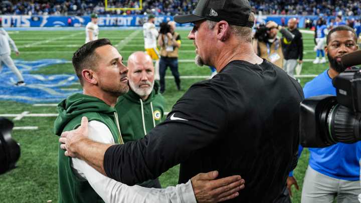 Packers coach Matt LaFleur winks during timeout talk vs Detroit Lions