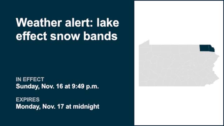 Weather alert issued for lake effect snow bands in Northern Wayne and Susquehanna County until early Monday