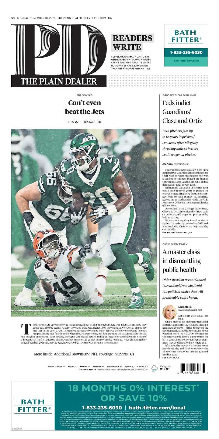 The Plain Dealer’s front page for November 10, 2025