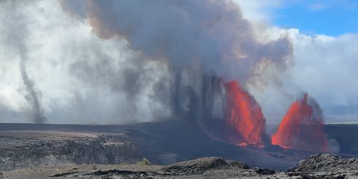 Rare "volnadoes" phenomenon swirl around Kilauea during a large volcanic eruption in Hawaii