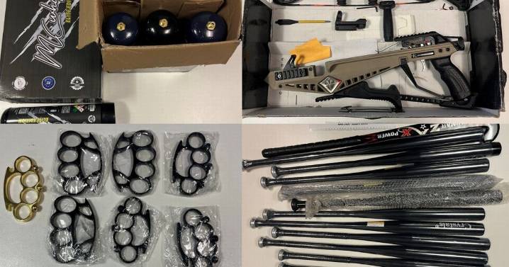A crossbow, 13 baseball bats and 291 canisters of laughing gas