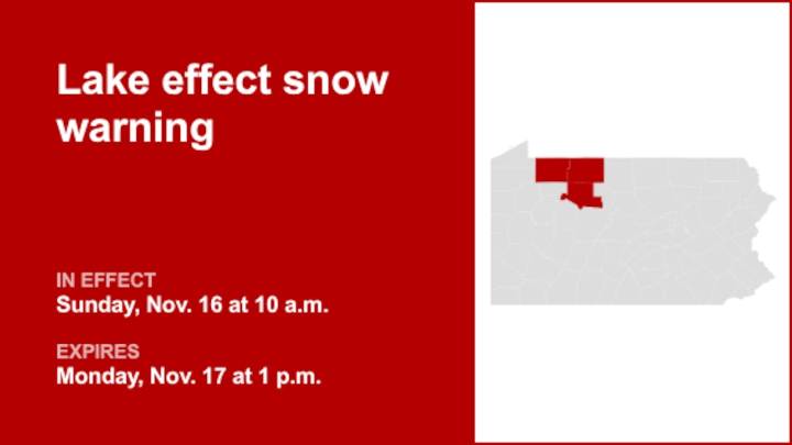 Lake effect snow warning in place for part of Pennsylvania until Monday afternoon