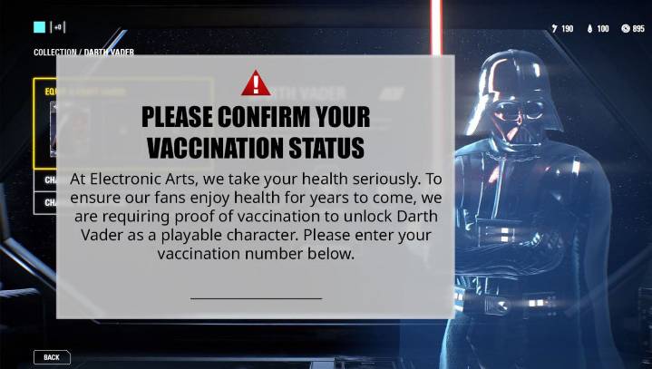 In New EA Star Wars Game, You Must Prove You Were Vaccinated To Unlock Darth Vader