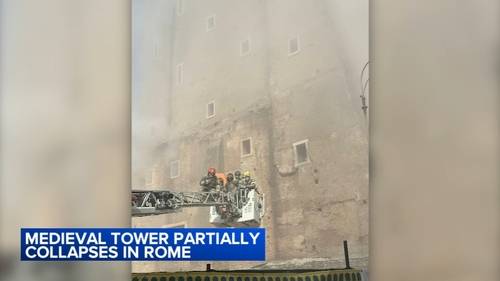 Italian medieval tower partially collapses, trapping worker