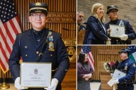 NYPD cop gets touching unexpected surprise from two special fans at promotion