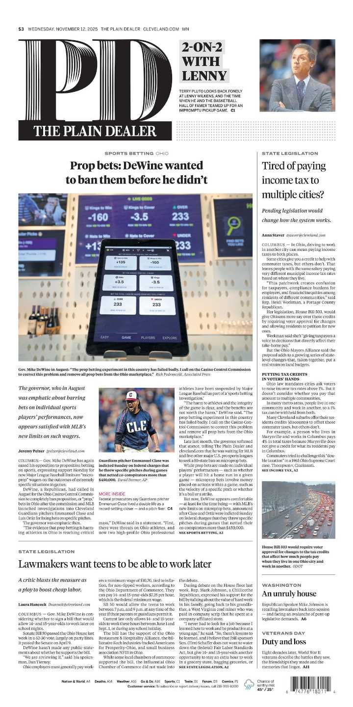 The Plain Dealer’s front page for November 12, 2025