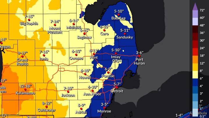 Michigan snowfall predictions for winter storm by community