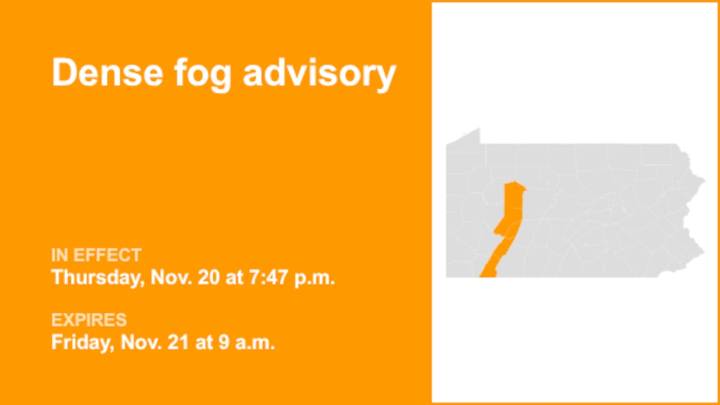 Dense fog advisory issued for Southwest Pa. until Friday morning