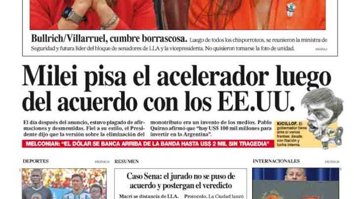 La tapa del Diario PERFIL del sábado 15 de noviembre de 2025