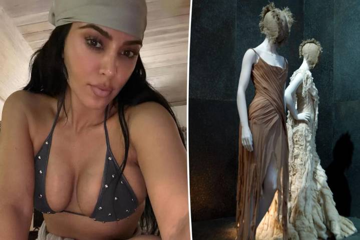 Kim Kardashian swims in the ocean wearing historic Alexander McQueen dress shown at the Met