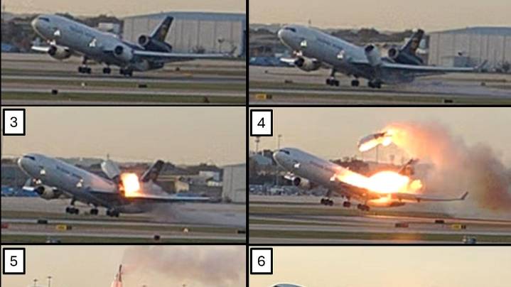 Dramatic photos of doomed UPS plane show the aircraft on fire and its engine flying off