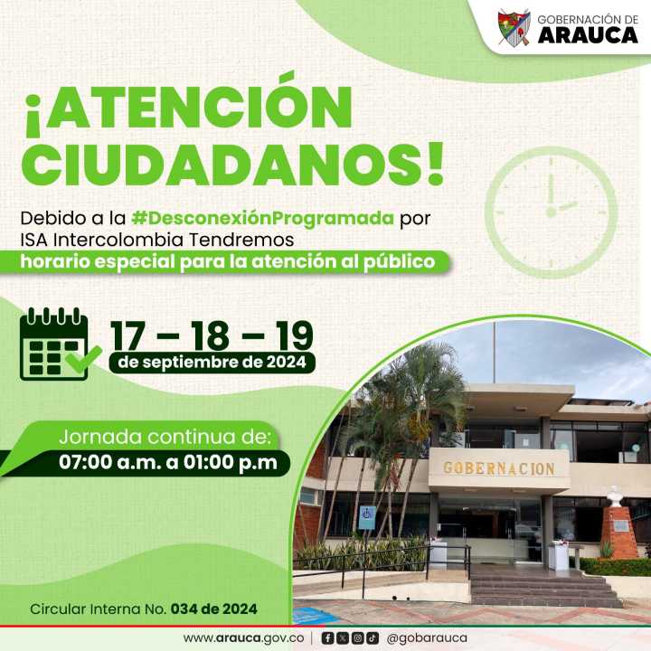 Gobernación de Arauca trabajará en horario continuo los días 17, 18, 19 de septiembre de 2024