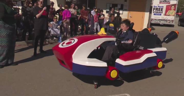 Oakland boy paralyzed by stray bullet receives custom Mario Kart wheelchair Halloween costume