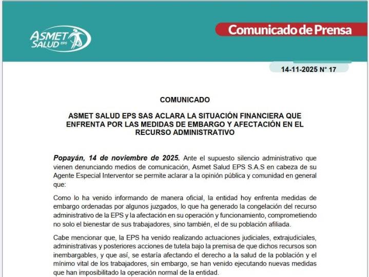 Asmet Salud EPS explica su situación financiera tras millonarios embargos