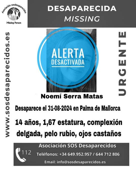 Se desactiva la alerta por la desaparición de Noemí Serra