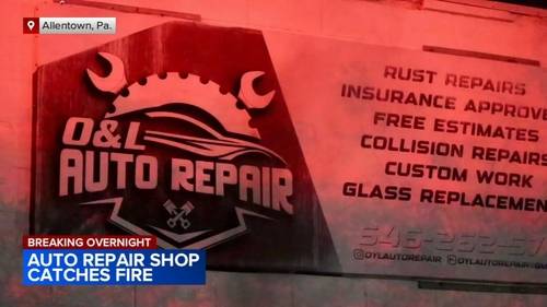 Fire crews battle flames at O&L Auto Repair in Allentown, Pennsylvania