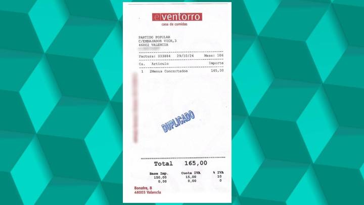 Dos menús concertados por 165 euros pagados por el PP valenciano: el ticket de la comida de Mazón en 'El Ventorro'