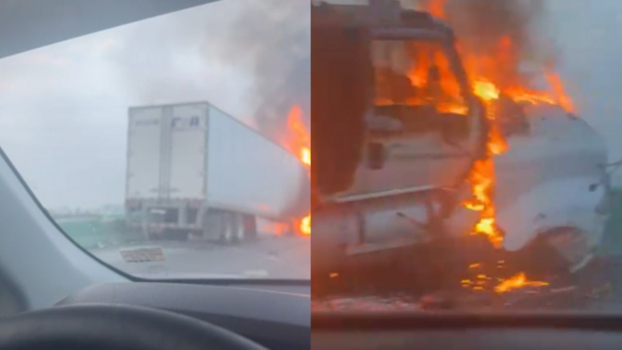 Tráiler derriba 3 postes y termina incendiado en la Autopista al Aeropuerto, en Apodaca