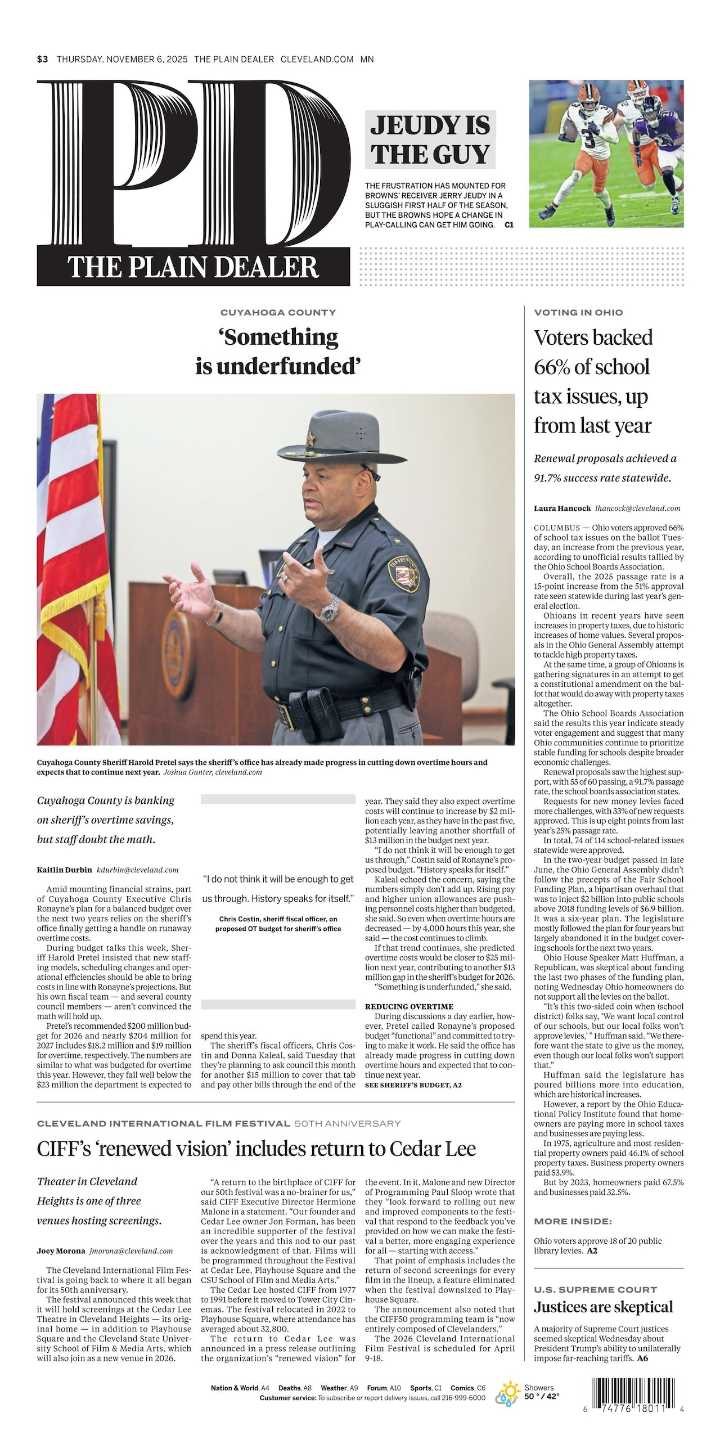 The Plain Dealer’s front page for November 6, 2025