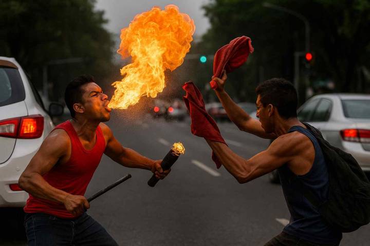 ‘Épica batalla’ en México entre un tragafuegos y un limpiaparabrisas