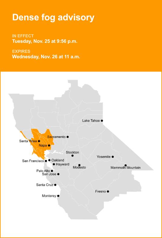 Dense fog advisory in place for North Bay until Wednesday midday