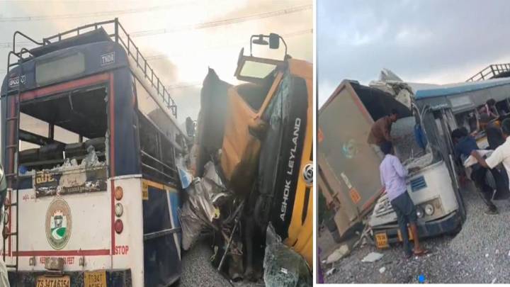 TGSRTC Bus collided with truck in Chevella, 17 death