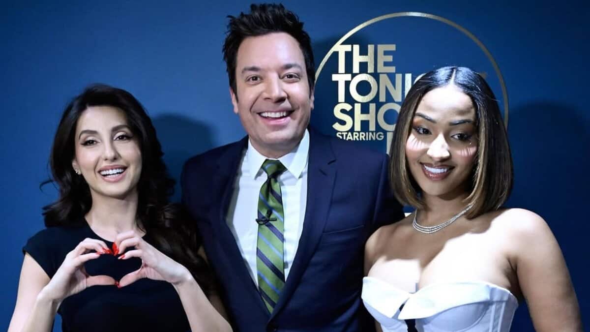 Nora Fatehi poses with Jimmy Fallon as she makes her debut on ‘The Tonight Show’