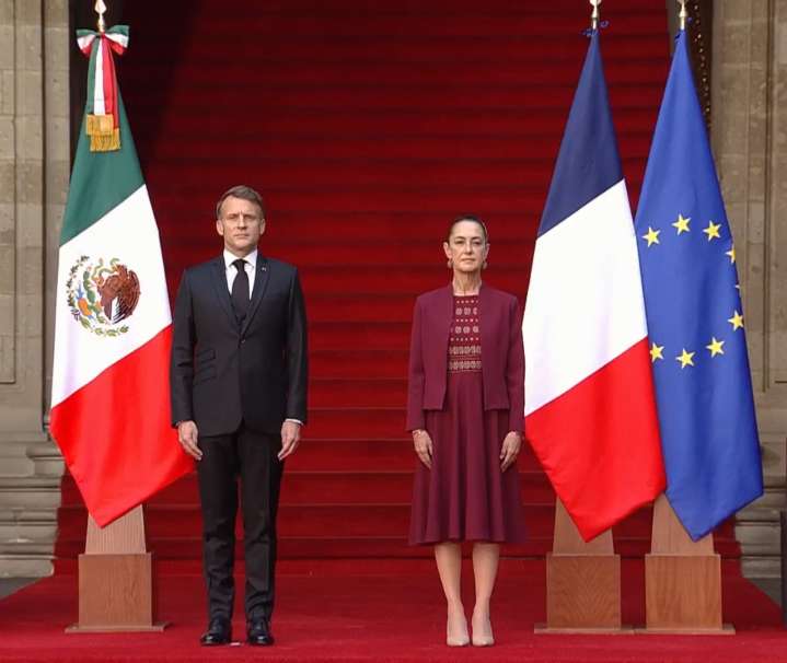 Macron es recibido por Claudia Sheinbaum en Palacio Nacional
