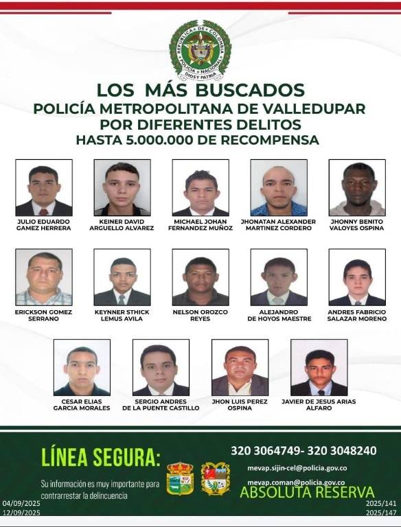 Lanzan Cartel de los Más Buscados en Valledupar: Ofrecen Recompensa por Información