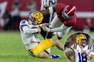 LSU's Garrett Nussmeier gets his head twisted on facemask in scary play